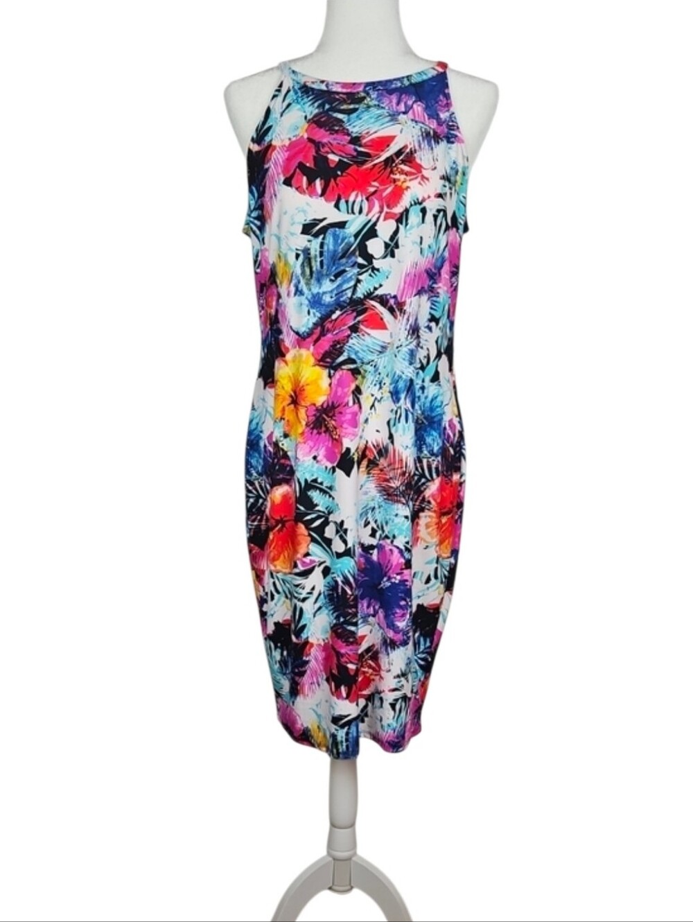 Tropical Midi Dress Floral Palm Vacation Travel Summer Colorful Multicolor Soft